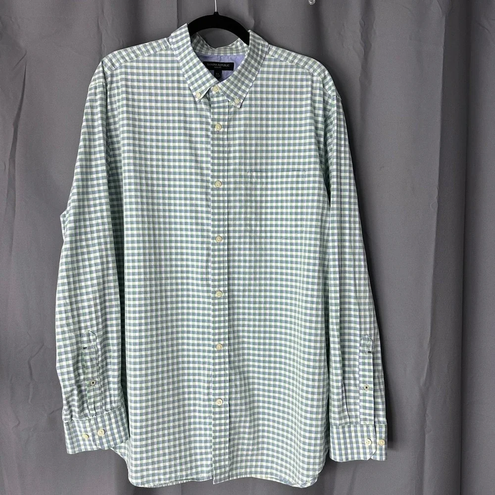 Banana Republic Mens XL Slim Fit Gingham Button Down Shirt‎ Green White Cotton